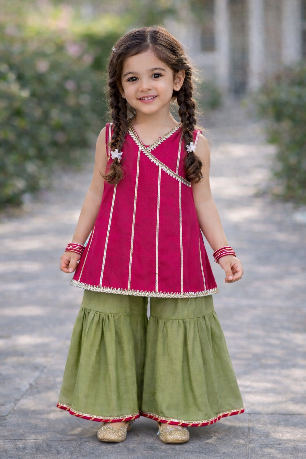 Lailaa - Ruby pink dress with sage green sharara