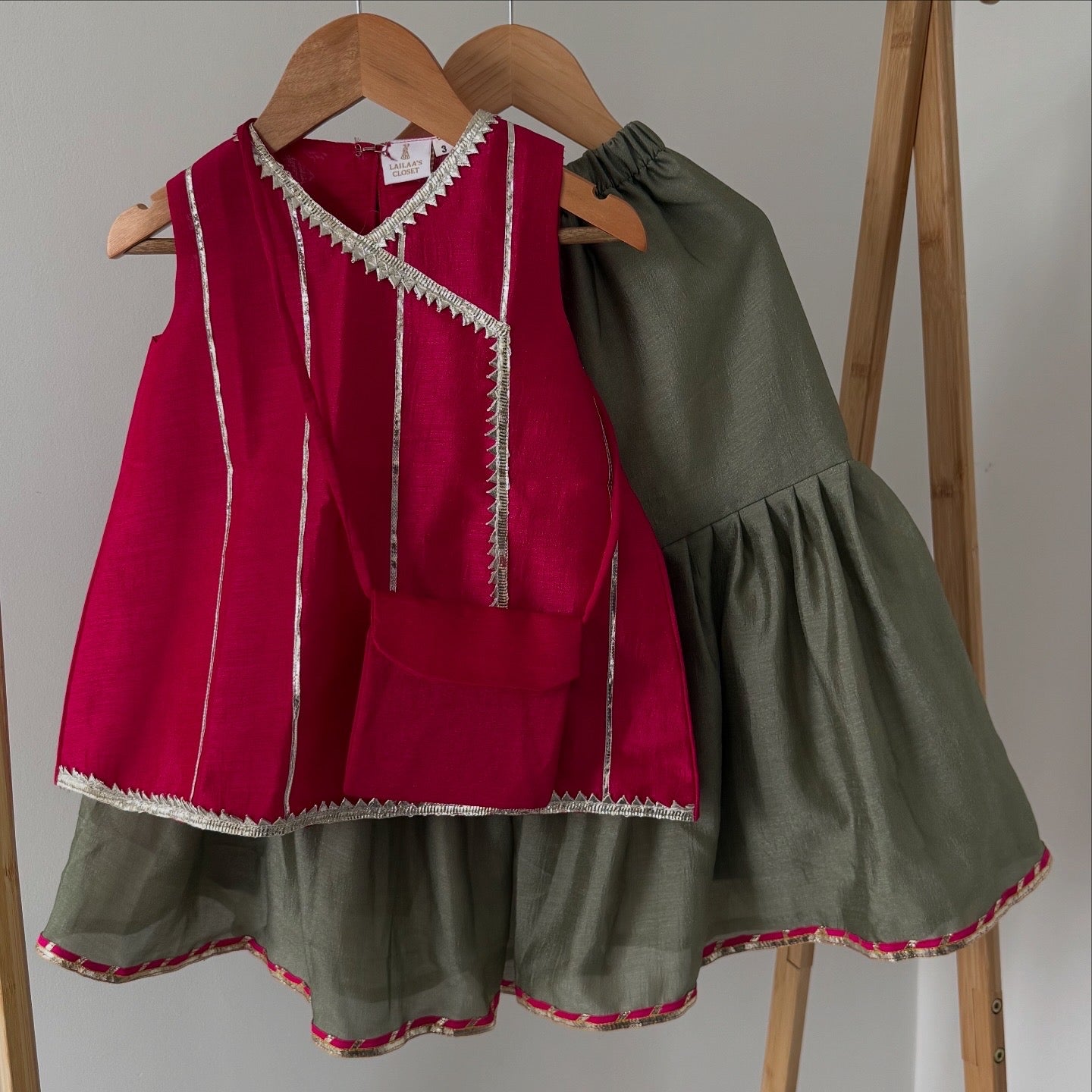 Lailaa - Ruby pink dress with sage green sharara
