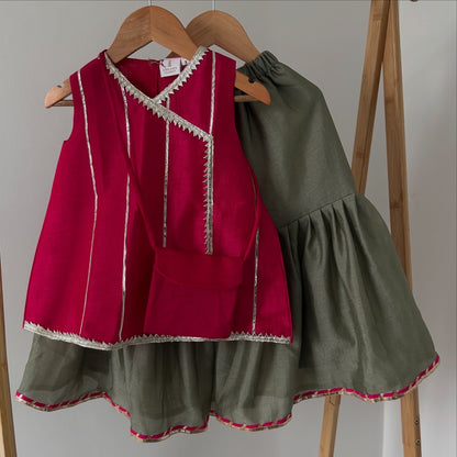 Lailaa - Ruby pink dress with sage green sharara