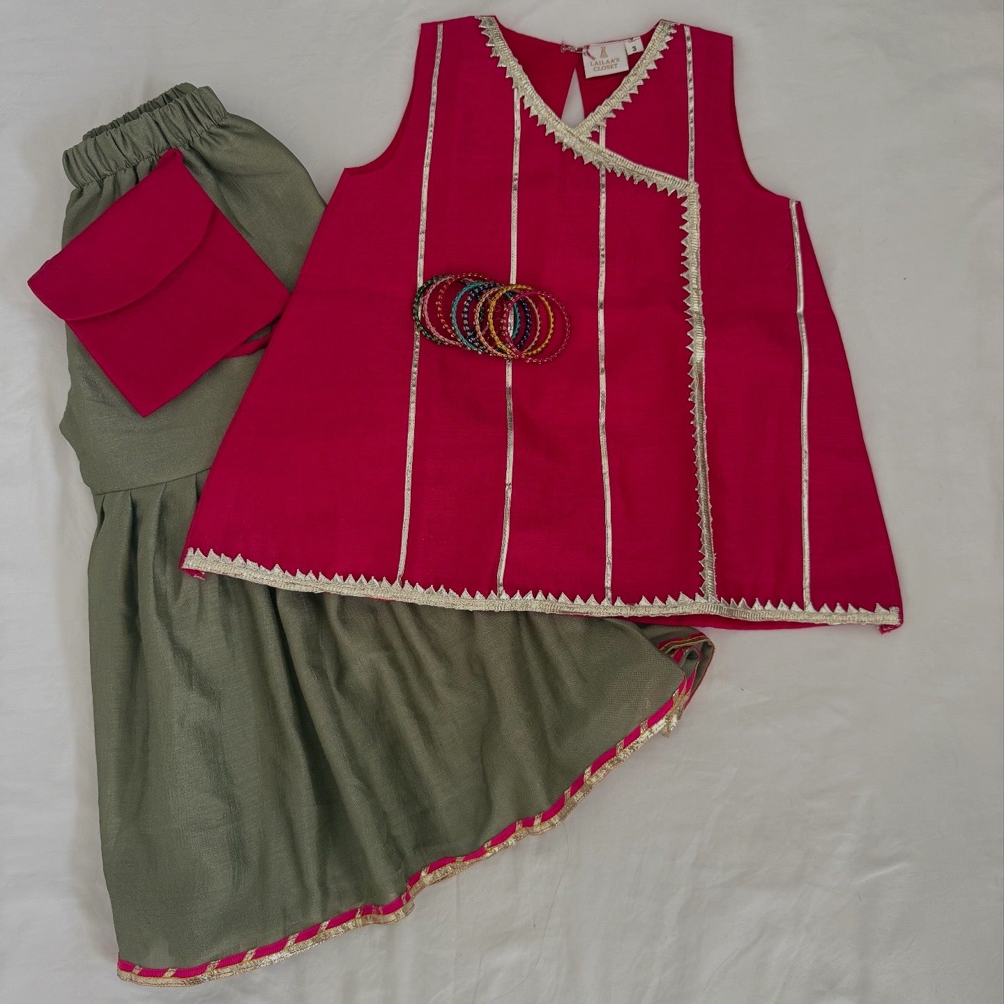 Lailaa - Ruby pink dress with sage green sharara