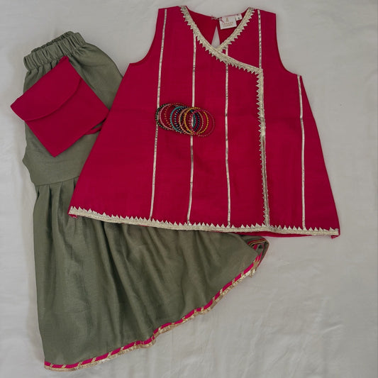 Lailaa - Ruby pink dress with sage green sharara